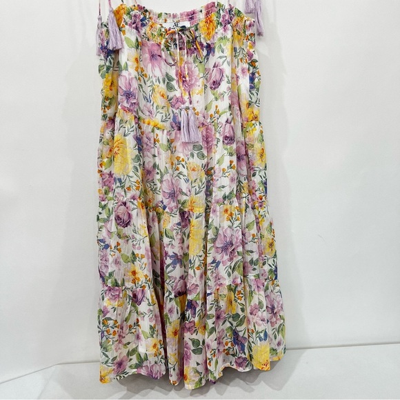 Floral Tassel Tie Mini Dress Multicolored Sheer Lined Tiered Shimmery - Picture 10 of 14